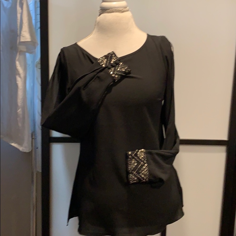 Bebe Black Long Sleeve Blouse with Beaded Cuff-Size Small